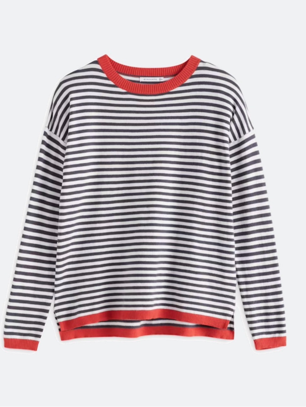 Staccato Gray Striped Crewneck Sweater with Red Trim. Sz S